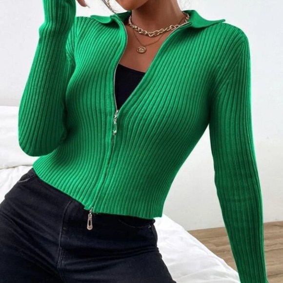 Zip up Front Knit Sweater Cardigan Green - Picture 5 of 10